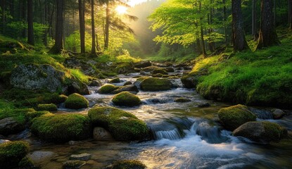 Obraz premium Picturesque mountain stream winding through a lush forest at sunrise. Sunlight filters through the trees, illuminating the mossy rocks and flowing water