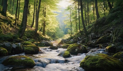 Obraz premium Sunlit forest stream flowing through mossy rocks. Lush greenery, sunlight filtering through trees