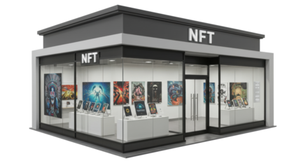 Isolated Modern NFT Storefront with Digital Art Displays