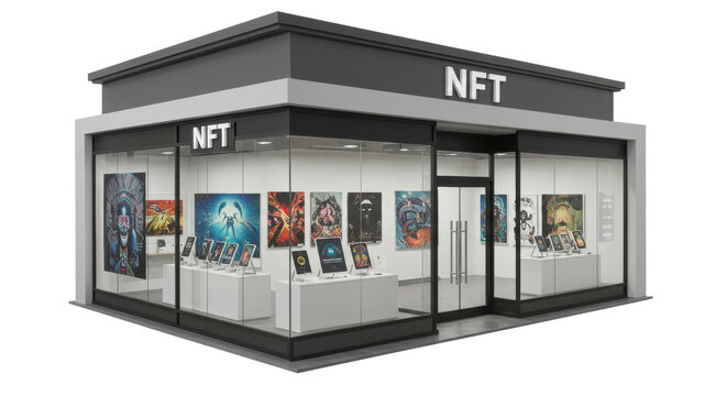 Isolated Modern NFT Storefront with Digital Art Displays