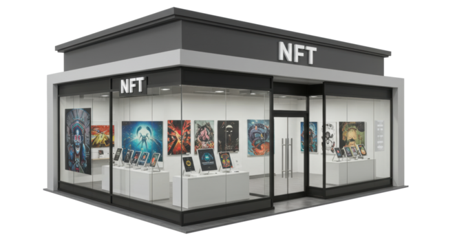 Isolated Modern NFT Storefront with Digital Art Displays