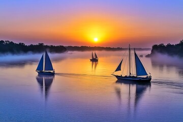 Fototapeta premium A sunrise over the Savannah River, with boats gently floating on the water and mist rising in the distance