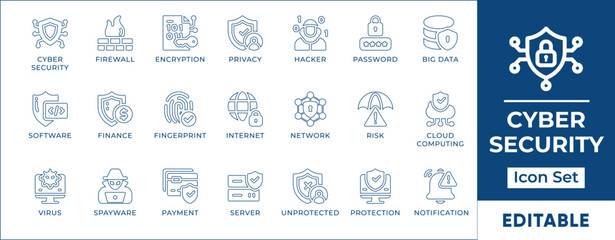 Firewall Cyber Security Line Icon Set. Includes vector icons of spyware, secure, network, criminal, phishing, privacy, password, hacker, shield, illustration, set