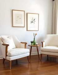 Two white armchairs with white accents, a round wooden table , two framed posters on a white wall, and a wooden floor in a living room 