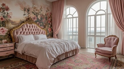 Fototapeta premium Luxurious Bedroom: An elegant bedroom interior features a grand bed with plush pink accents, complemented by ornate decor, a soft rug, and large windows, exuding sophistication and comfort.