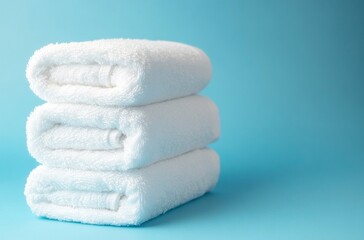 Stack of Folded White Towels on Light Blue Background Studio Shot