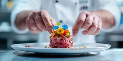 Micro-Gastronomy Precision Avant-Garde Chef Crafting Artisanal Tartare with Vibrant Molecular Garnish - Culinary Innovation in High-End Restaurant Experience