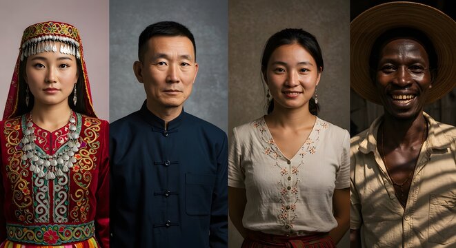 Portraits of Cultural Diversity: A captivating collection of four individuals, representing various cultural backgrounds, each exuding unique charm and showcasing the beauty of human diversity.