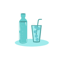 Clean water in a bottle and glass with ice cubes and bubbles. 