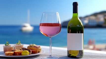 Bottle of wine is on a table next to a glass of wine and a plate of food. The scene is set on a beach with a boat in the background. Scene is relaxed and leisurely