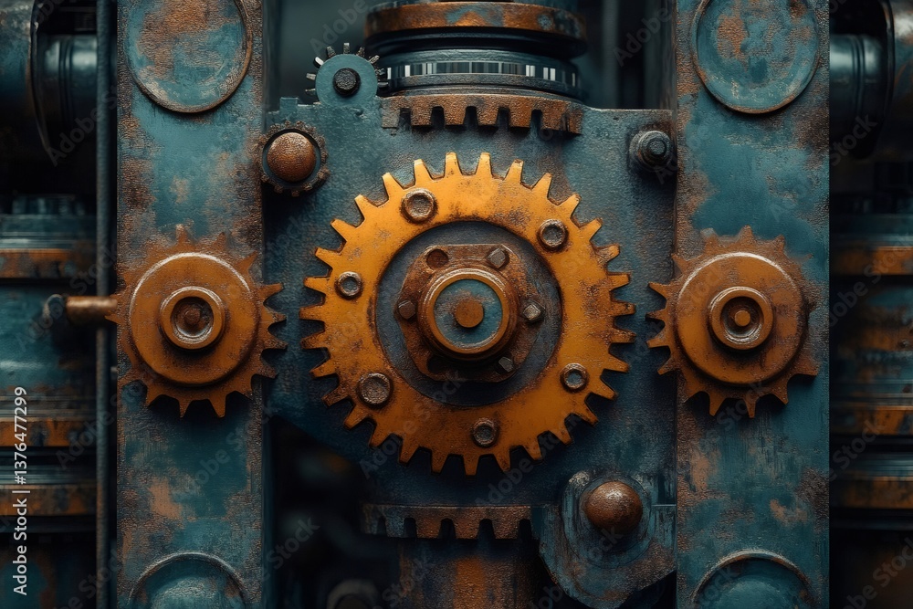 Poster rusty gears rotating in a complex industrial machine