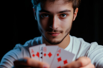 Generative AI image of a magician showcasing card tricks with focused gaze and dramatic lighting