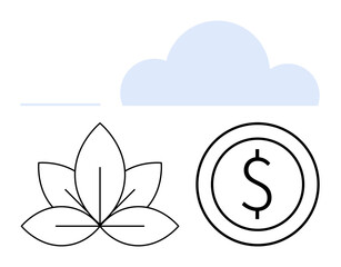 Outlined leaf symbol, dollar coin, blue cloud suggesting eco-awareness, financial success, and digital solutions. Ideal for sustainability, finance, cloud computing, eco-technology investment