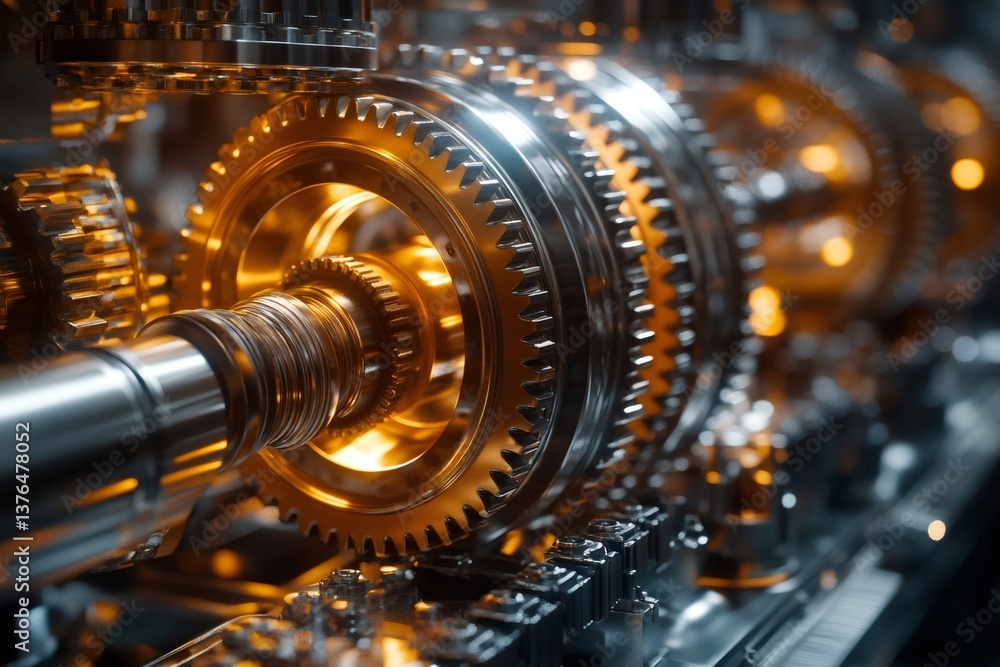 Poster complex gear system rotating smoothly, industrial mechanism working flawlessly
