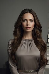 Naklejka premium Beautiful Young Woman Portrait with Long Wavy Brown Hair and Serene Expression, Natural Beauty Headshot for Skincare and Lifestyle Marketing