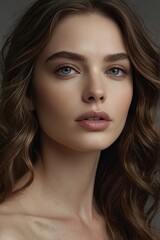Obraz premium Beautiful Young Woman Portrait with Long Wavy Brown Hair and Serene Expression, Natural Beauty Headshot for Skincare and Lifestyle Marketing