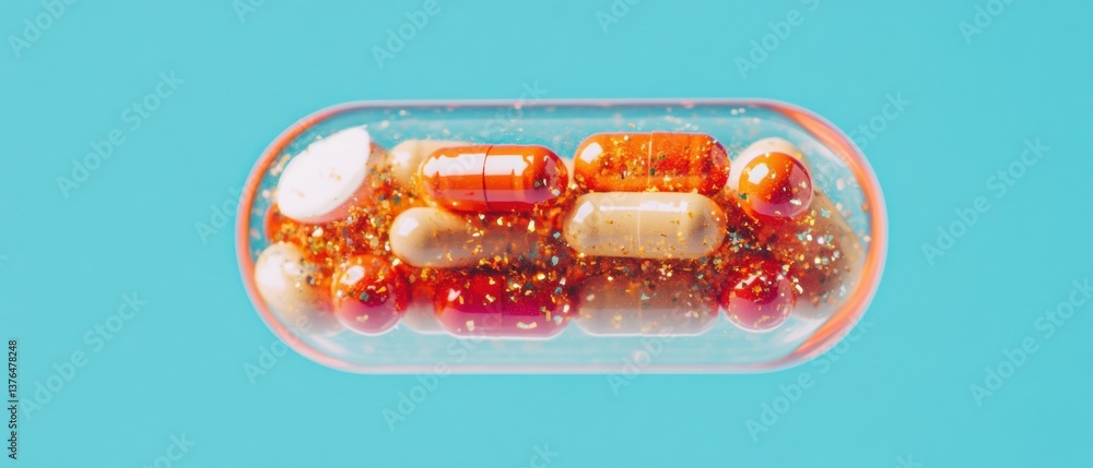 Poster innovative pharmaceutical design liquid-encapsulated precision medicine capsule visualizing advanced