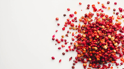 A stunning close-up of Szechuan pepper showcasing rich details and colors on a white backdrop.
