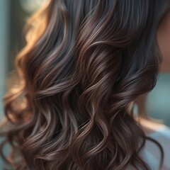 Fototapeta premium Beautiful Young Woman Portrait with Luxurious Voluminous Wavy Brown Hair and Golden Highlights in Soft Natural Light