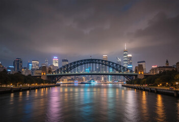 Obraz premium A high-resolution cityscape featuring an iconic bridge leading into a vibrant downtown area.