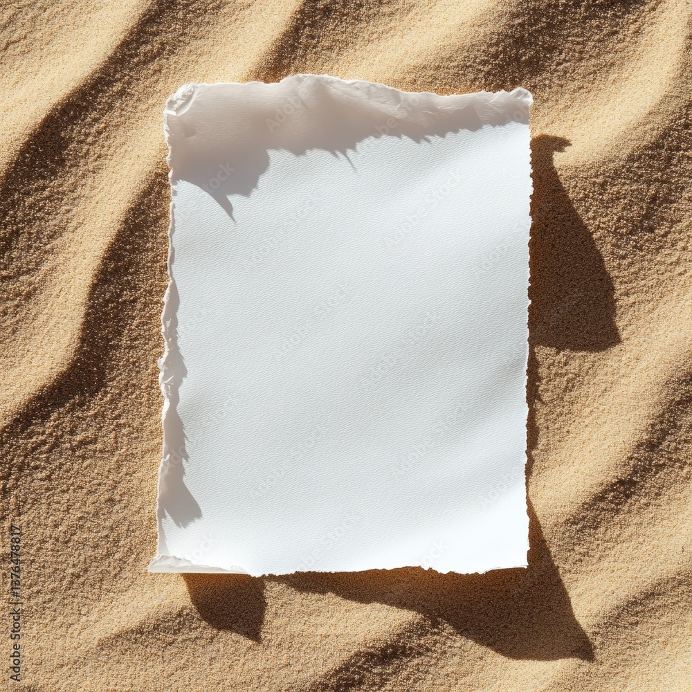 Poster empty a4 paper resting on soft sand creating a minimalist artistic composition in serene surrounding