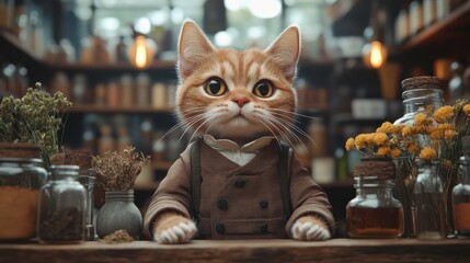 Cute cat bartender in cozy vintage pub surrounded by herbs and jars