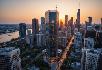Obraz premium A stunning aerial view of a modern city skyline during golden hour, with skyscrapers reflecting the warm hues of the setting sun.
