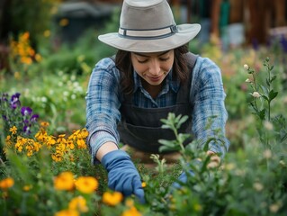 Multicultural Woman in Hat Tending to Blooming Flowers in Vibrant Home Vegetable Garden - Gardening, Horticulture & Sustainable Plant Care