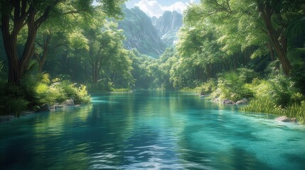 Fototapeta premium Serene river flows through lush green valley, sunlight filtering through leaves