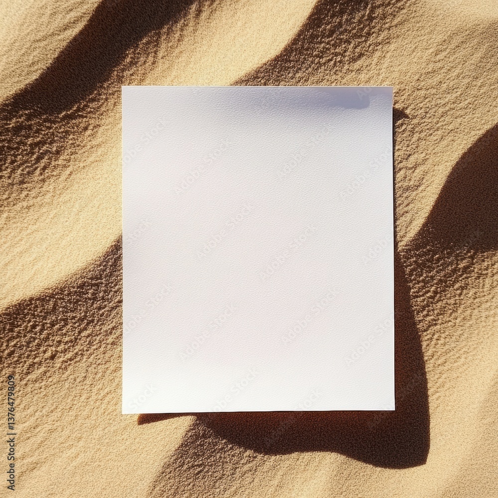 Poster minimalist a4 paper resting on fine sand with gentle contours creating a serene atmosphere at midday