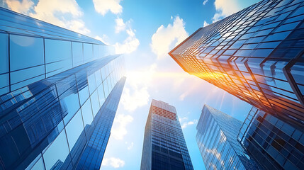 business and financial skyscraper buildings concept.Low angle view and lens flare of skyscrapers modern office building city in business center with blue sky