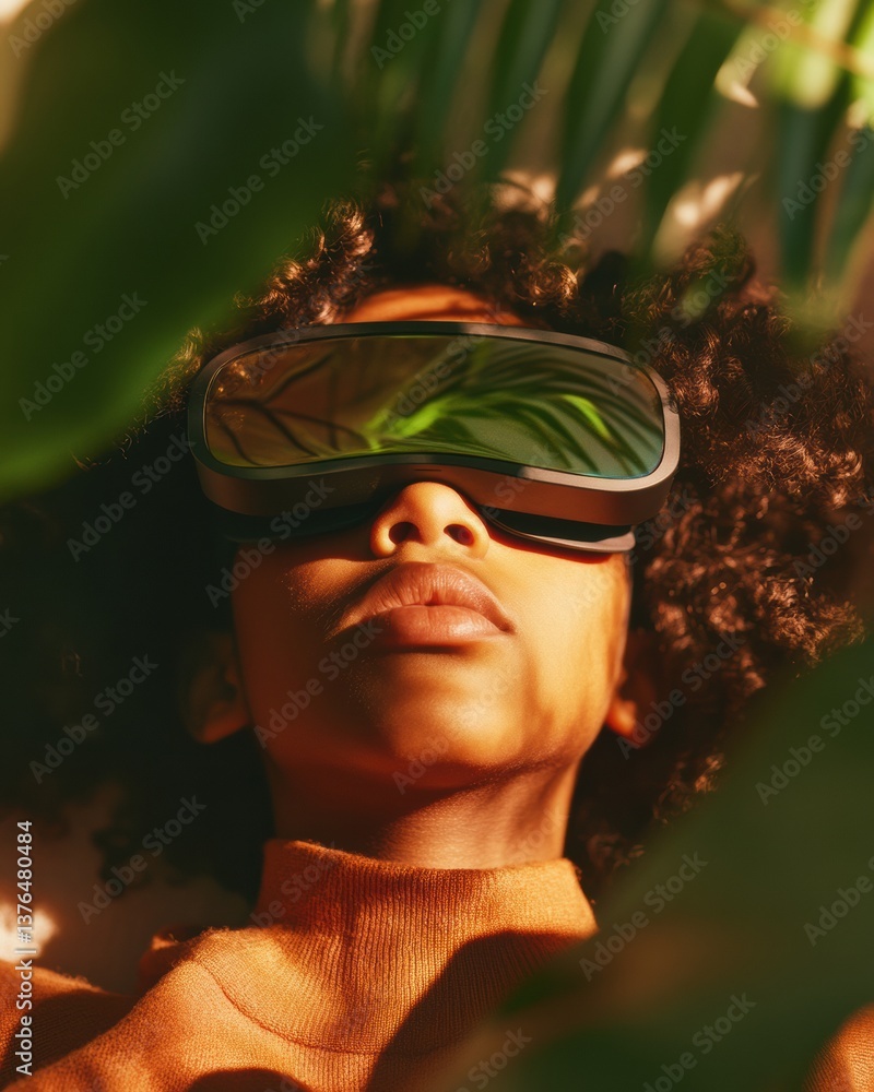Poster immersive augmented reality experience gen z trendsetter in sunset-toned styling exploring next-gen 