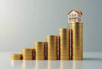 A high-quality 3D render of a stack of golden coins forming a bar graph, with a modern house icon sitting on top, symbolizing real estate investment growth