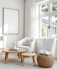 Fototapeta premium Interior of a living room with a white sofa, a wooden table, a white lamp, and a blank frame on the wall, with a window in the background 