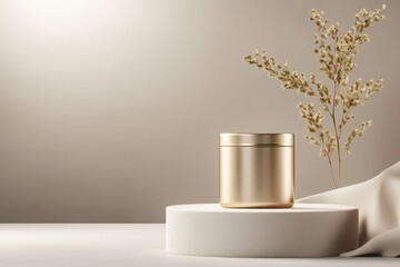 Golden Jar Mockup on a Round Textured Platform with Dried Wheat, 3D Render, Beige Background, Minimalist Aesthetic, Product Display