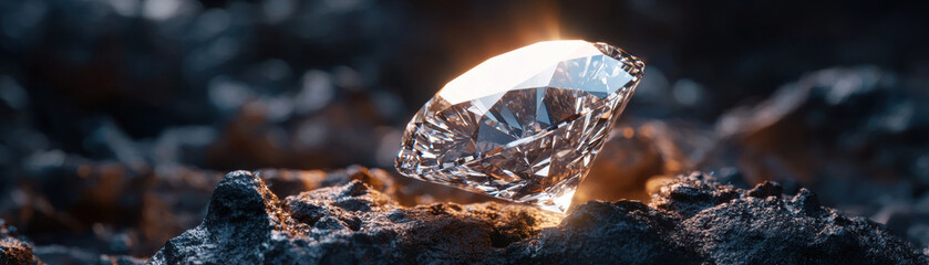 Obraz premium luminous diamond shines brightly in dark cavern, reflecting light and showcasing its brilliance amidst rough, rocky textures. contrast creates captivating and enchanting scene