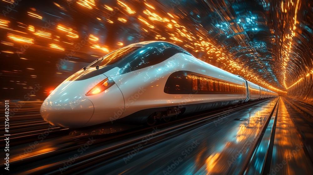 Poster A sleek smarttrain moves swiftly through a high tech tunnel illuminated by dynamic lights, showcasing advanced automation and AI in modern transportation infrastructure.