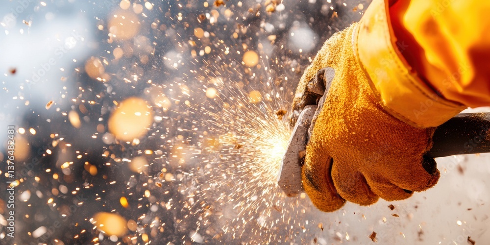 Poster industrial safety revolution high-performance welder in dynamic protective gear capturing advanced m