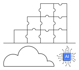 Stacked puzzle pieces forming steps, cloud, and AI chip. Ideal for technology, innovation, cloud computing, problem-solving, AI integration collaboration digital transformation. Flat simple