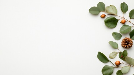Naklejka premium Green Leaves and Pine Cones on White Background