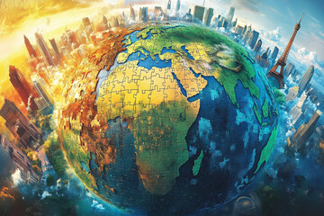 Vibrant globe illustration showcasing a colorful jigsaw puzzle world