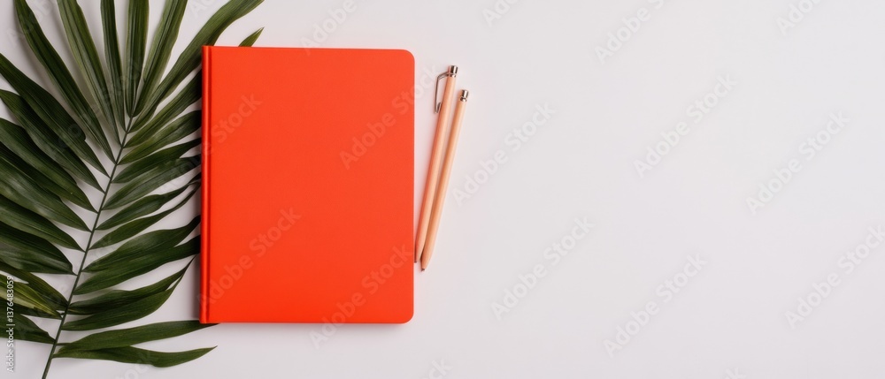 Poster minimalist productivity sanctuary vibrant red notebook with botanical accent - modern workspace insp