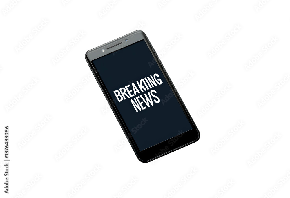 Poster smartphone displaying breaking news alert on a clear screen isolated on transparent background
