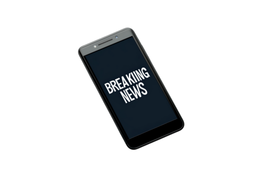 Smartphone displaying breaking news alert on a clear screen isolated on transparent background