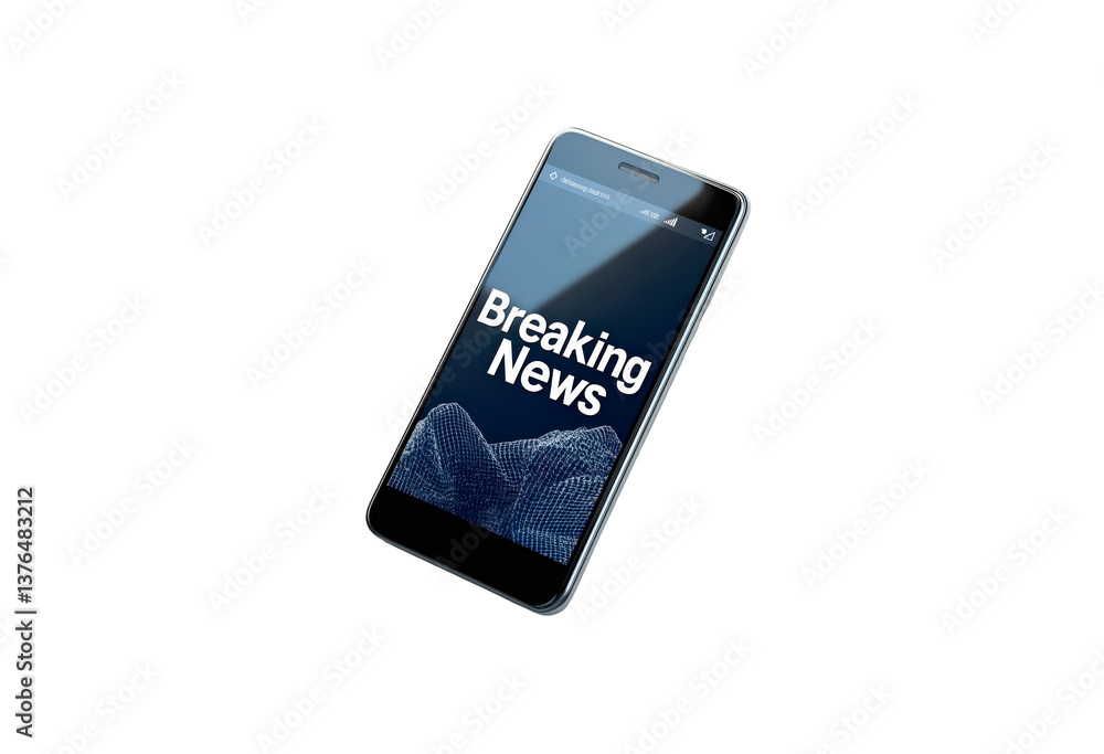 Poster smartphone displaying breaking news alert on a clear screen isolated on transparent background