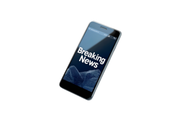 Smartphone displaying breaking news alert on a clear screen isolated on transparent background