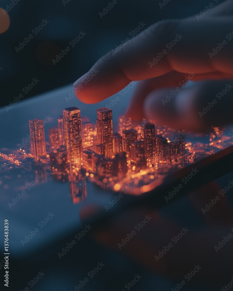 Poster Futuristic Urban Tech Visualization Immersive Augmented Reality Real Estate Mapping with Glowing Cityscape Hologram Emerging from Interactive Digital Surface