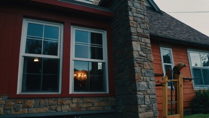 Obraz premium Exterior of a house with stone chimney and a wooden duck decoy decoration near windows