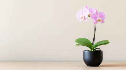 Pale Pink Orchid in Black Pot on Wooden Table Against Beige Wall