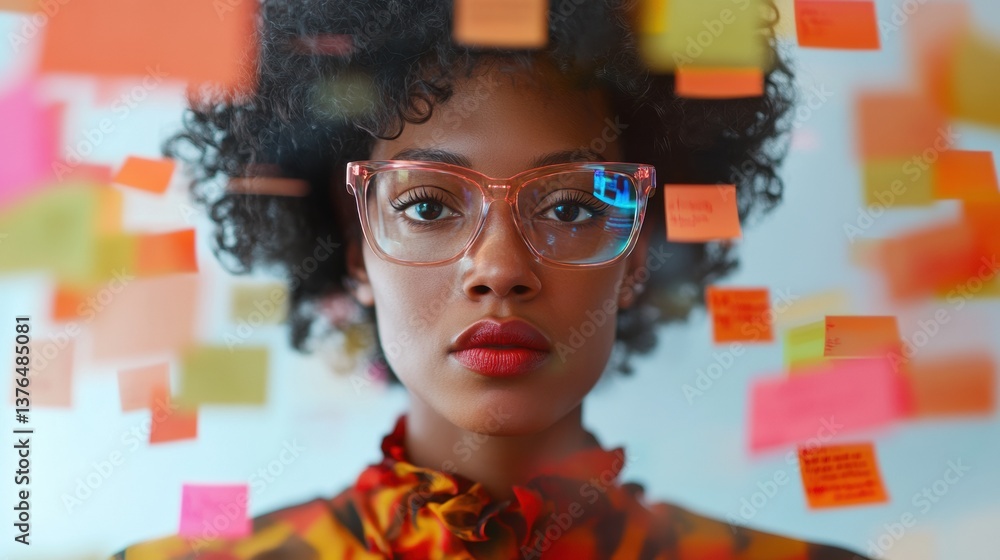 Poster Immersive Productivity Visualization Gen Z Creative Professional Navigating Dynamic Brainstorming Wall with Innovative Visual Strategy and Holistic Project Management Insights